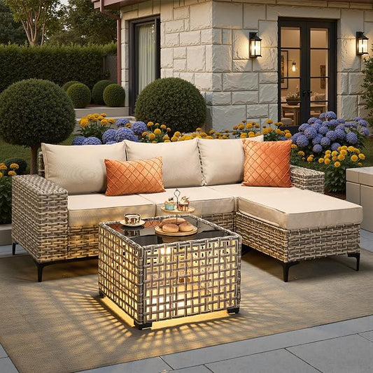 5 Pcs Patio Outdoor Furniture Set - All Weather Wicker Outdoor Sectional Sofa Couch with Coffee Table and Ottoman,Patio Modular Rattan Conversation Set for Garden Deck Yard,Beige