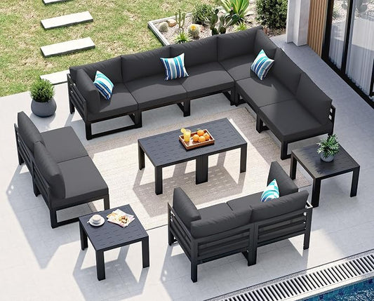 NICESOUL 14 Piece Oversized Modern Aluminum Outdoor Patio Furniture Set with Coffee Table, 29" Wide Deep L-Shaped Sectional Sofa, 500lbs Heavy Duty Comfortable Poolside Conversation Set, Dark Gray