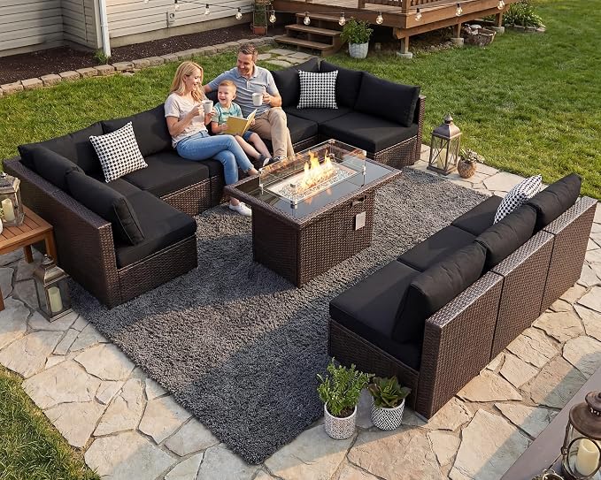 NICESOUL 11 Piece L-Shaped Outdoor Patio Furniture Set with Fire Pit Natural Gas/Propane, 29.3'' High Back Conversation Set, Extra Large Deep Couch Sofa Sectional Sets, Brown Rattan and Black Cushion