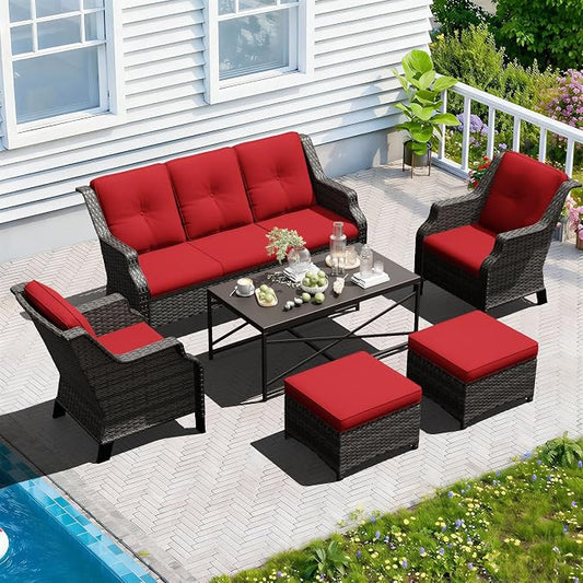 Outdoor Patio Furniture Set, 6 Piece Wicker Patio Furniture with Thick Cushions, Curved Armrest, Deep Seating, Rattan Outdoor Chairs for Porch, Deck, Balcony