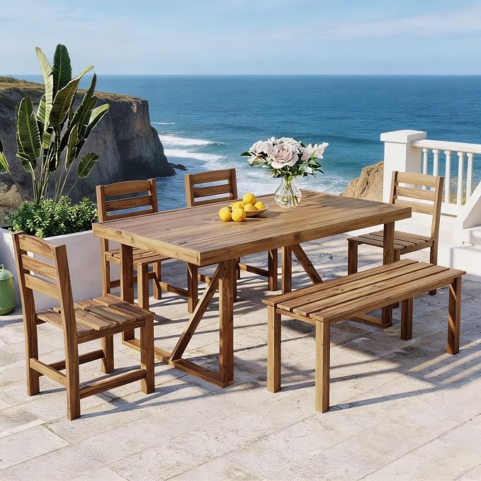 RuiSiSi Outdoor Dining Sets for 6, Acacia Wood Patio Table and Chairs Set with Bench and 4 Chairs for Balcony, Backyard, Garden, Poolside, Natural