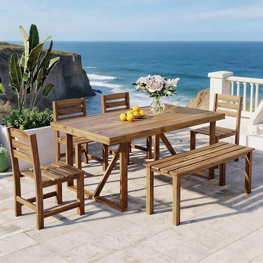 RuiSiSi Outdoor Dining Sets for 6, Acacia Wood Patio Table and Chairs Set with Bench and 4 Chairs for Balcony, Backyard, Garden, Poolside, Natural