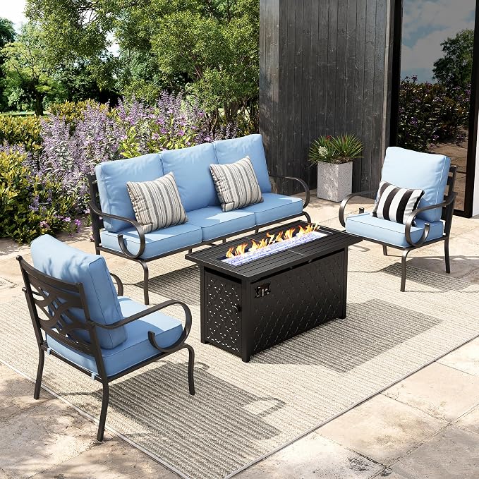 Sophia & William Patio Conversation Set for 5, 3-Seater Sofa, 2 Fixed Chairs and a 45" Fire Pit Table, Metal Outdoor Furniture with 5.75" Extra Thick Cushions, Blue