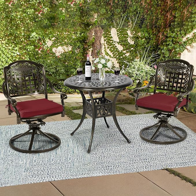 3-Piece Outdoor Patio Dining Set, All-Weather Cast Aluminum Patio Furniture Set for Backyard Garden Deck with 2 Swivel Cushioned Chairs and 31” Round Table, 2" Umbrella Hole, Chili Red