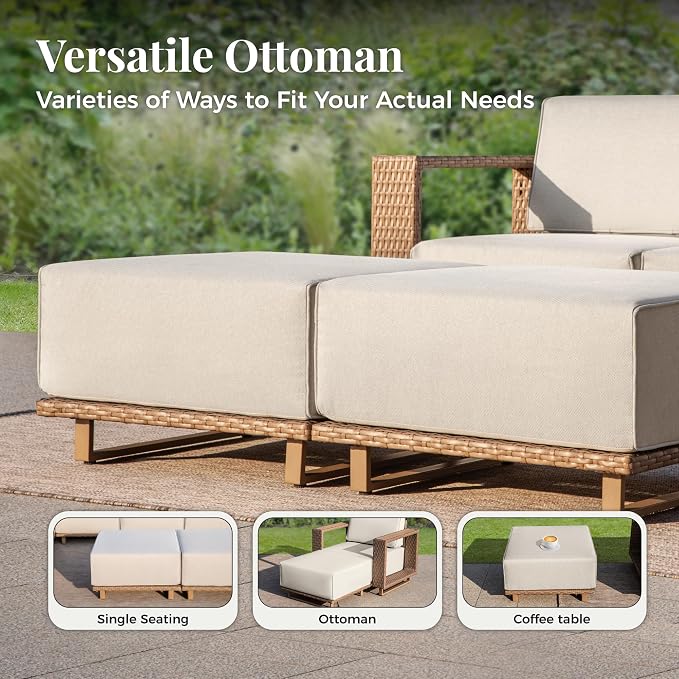 MIXPATIO 4 Pcs Outdoor Patio Furniture Set, Yellow Rattan Wicker Modular Couch Chairs, 2 Rattan Single Sofa, 2 Ottomans with 10" Extra Thick Cushions, Low Profile Lawn Garden Deck Furniture
