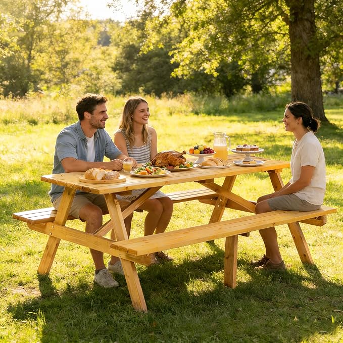 75 inch Wooden Picnic Table,Outdoor Wooden Dining Rectangle Table w/Umbrella Hole,Picnic Table Bench Set for 6 or 8 Person，2200lbs Capacity Natural for Camping, Garden & BBQ,Yellow