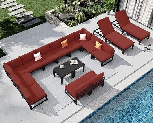 NICESOUL 16 Piece Oversized Modular Aluminum Outdoor Furniture Set with Chaise Lounge, 29" Deep and Wide Sectional Seating, 500 lbs High Weight Capacity Patio Conversation Set for Poolside, Burgundy