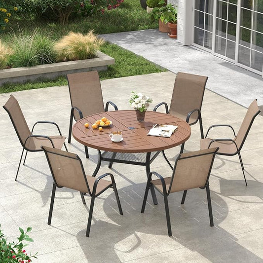 VICLLAX Round Outdoor Patio Dining Set for 6, Metal Slatted Patio Table with Umbrella Hole and 6 Stackable Patio Chairs for Deck Lawn Garden, Brown Fabric and Walnut Tabletop
