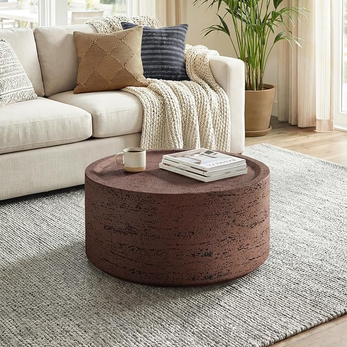 UPHA 28" Round Outdoor Coffee Table, Modern Hollow Concrete Patio Table, Small Minimalist Low Accent Table for Living Room, Balcony, Deck, Backyard, Rust Red