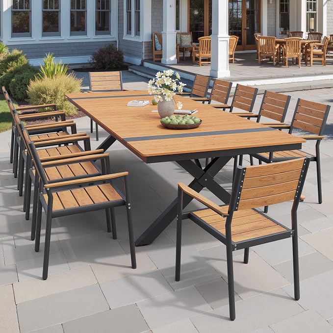 Pellebant 13 Piece Patio Table and Chairs Set for 12, Aluminum Outdoor Dining Set with Umbrella Hole, Stackable Dining Chairs & 118" Dining Table, Brown