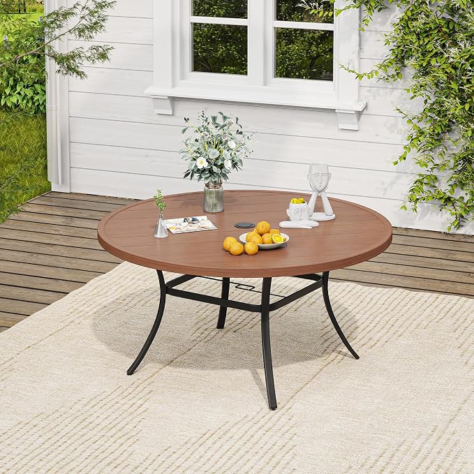 VICLLAX Outdoor Table and Chairs Set for 6, Patio Dining Set of 50" Metal Round Patio Table with Umbrella Hole & 6 Swivel Outdoor Dining Chairs for Backyard Lawn, Mixed Brown & Walnut