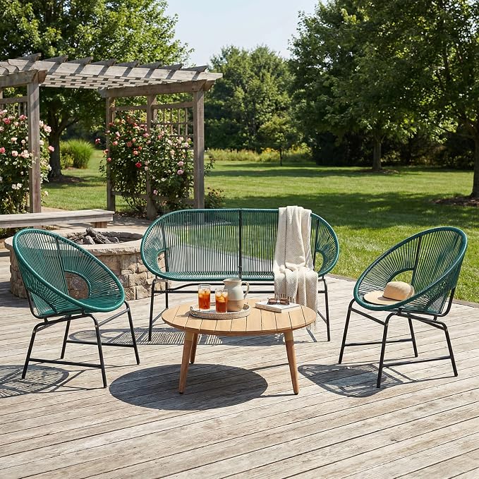 Christopher Knight Home Dessa 4 Piece Patio Furniture Set with Acacia Wood Coffee Table, 4 Seater PE Rattan Outdoor Conversation Set, Metal Outdoor Sectional Sofa Set, Beige+White, Teal