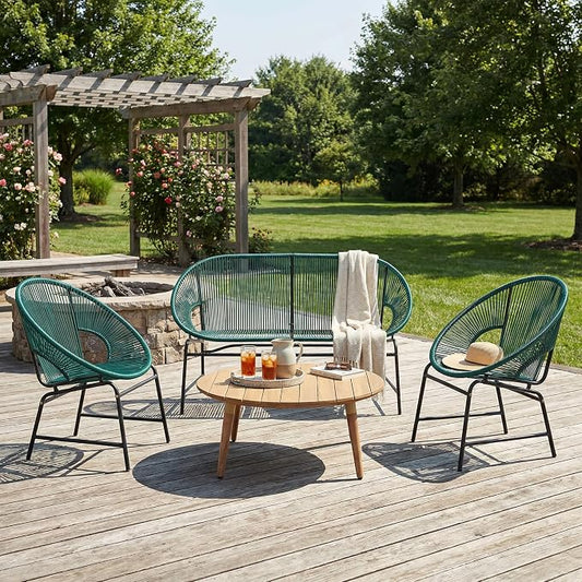 Christopher Knight Home Dessa 4 Piece Patio Furniture Set with Acacia Wood Coffee Table, 4 Seater PE Rattan Outdoor Conversation Set, Metal Outdoor Sectional Sofa Set, Beige+White, Teal