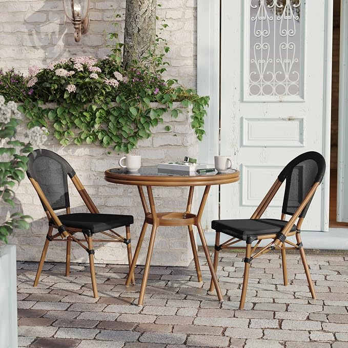 Flash Furniture Marseille Indoor/Outdoor Commercial Bistro Table - Tempered Glass Top - Textilene Fabric - Natural Bamboo Print Aluminum Frame - 31.5" - Black