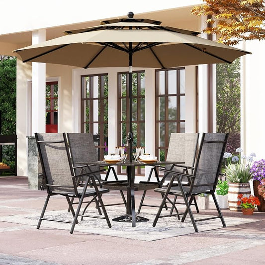 PHI VILLA Outdoor Patio Dining Set with 10ft Umbrella for 4, Outdoor Table Chairs Set with Adjustable Folding Patio Chair for Garden (No Umbrella Base)
