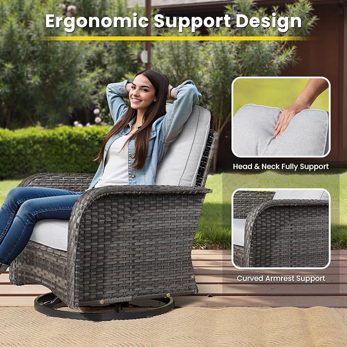 3 Pieces Patio Furniture Set, Outdoor Swivel Rocker Patio Chairs with Coffee Table, All Weather Thickened Cushion Patio Conversation Set for Porch Balcony Deck Poolside Garden Sunroom, Grey