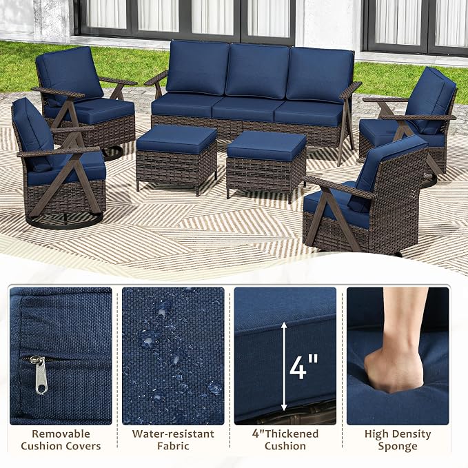 7 Pieces Patio Furniture Set,Outdoor Sofa & High Back Swivel Rocker Patio Chairs, Wicker Conversation Set with Ottoman for Deck Yard and Poolside