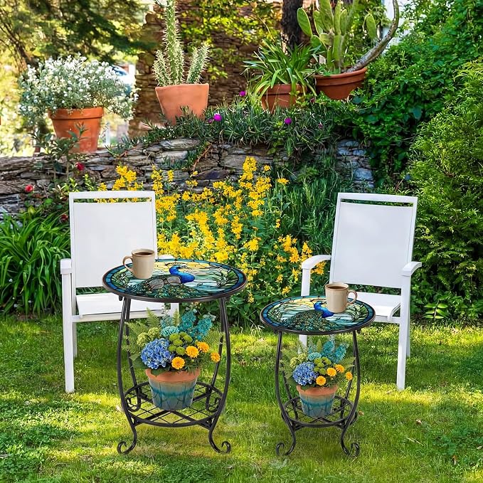 Cinnvoice 2 Pcs Outdoor Side Table Small Patio Round Mosaic Accent End Table Indoor Plant Metal Coffee Tea Tables for Patio Yard Porch Garden Living Room(12" and 16",Peacock Style)
