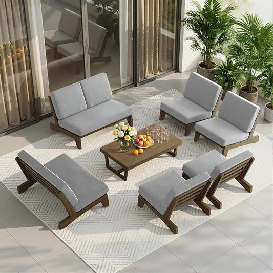 7 Pieces All Weather Wood Patio Furniture Sets, 2 Patio Loveseat, 4 Patio Bistro Chair, Outdoor Sectional Sofa Furniture Backyard Conversation Set with Coffee Table - Grey
