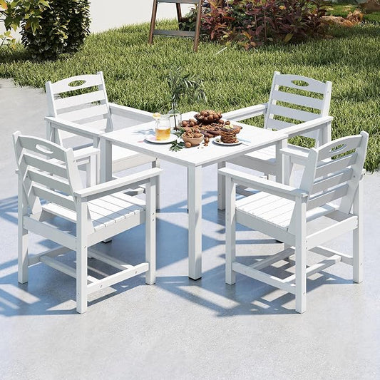 Domi HDPE Outdoor Dining Set, All-Weather Outdoor Dining Table Set of 5 with 2" Umbrella Hole, Outdoor Patio Dining Set for Garden, Poolside, Backyard, Deck, White