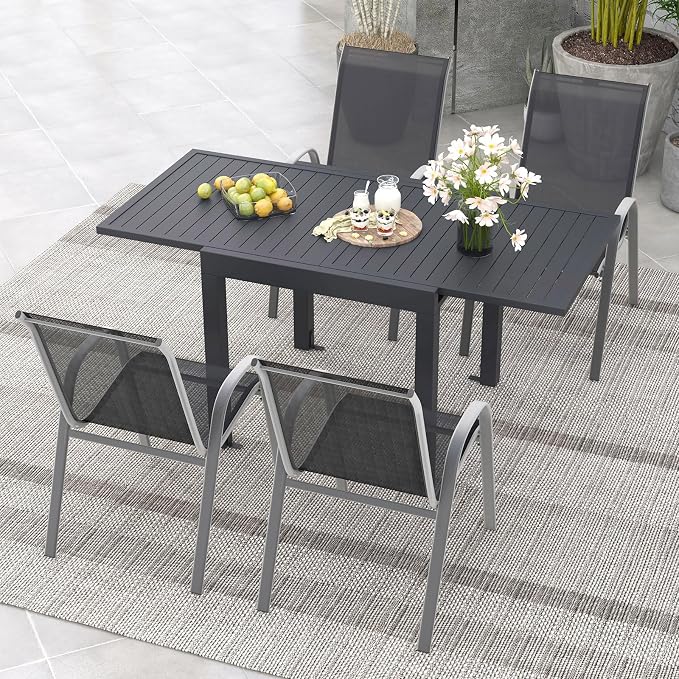 Tangkula 31.5"-63" Extendable Patio Dining Table, Aluminum Outdoor Dining Table for 4-6 People, L-Shaped Brace Included for Fixation, Space-Saving Outside Table for Garden, Porch, Poolside, Dark Grey