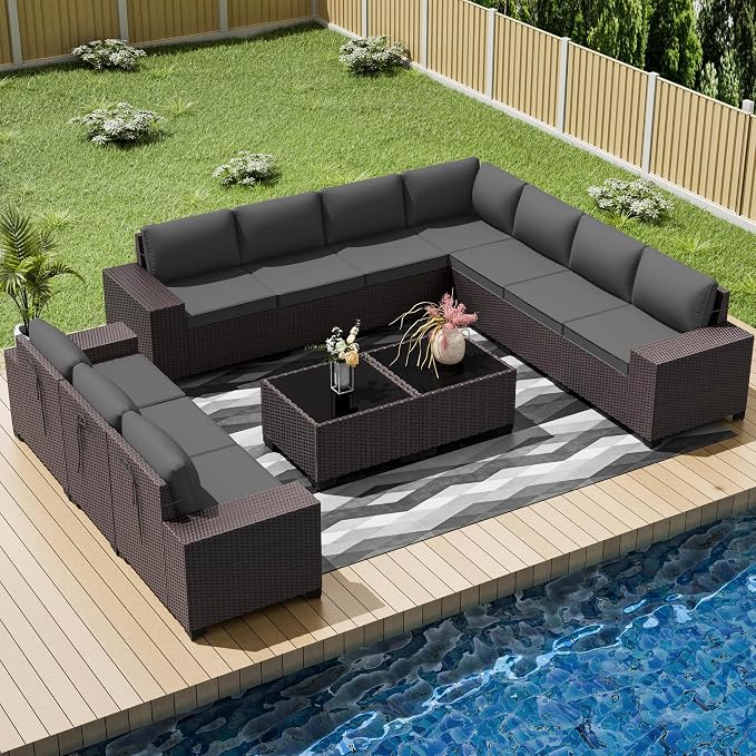 12 PCS Outdoor Patio Furniture Set,Outdoor Sectional Furniture All Weather PE Rattan Wicker Patio Conversation Set with 2 Coffee Tables and 10 Thickened Cushions,Grey