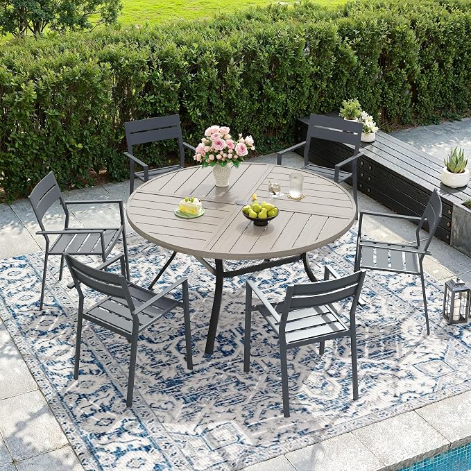 DIFY 7 Piece Outdoor Patio Dining Set for 6, 47.2" Round Dining Table with Umbrella Hole and Stackable Metal Chairs, Patio Table and Chairs Set for Backyard Garden Poolside, Grey Wood-Like & Grey