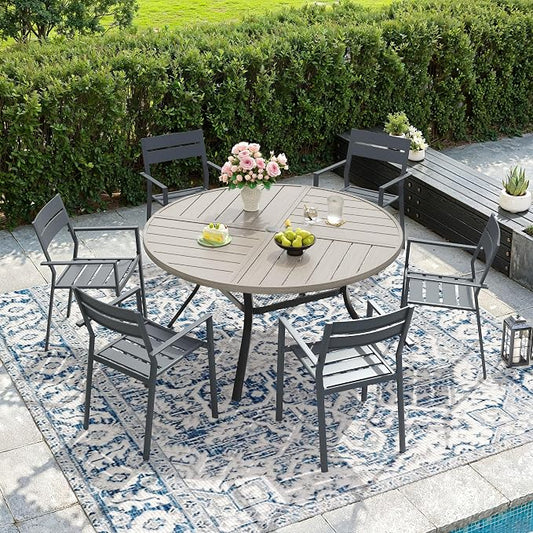 DIFY 7 Piece Outdoor Patio Dining Set for 6, 47.2" Round Dining Table with Umbrella Hole and Stackable Metal Chairs, Patio Table and Chairs Set for Backyard Garden Poolside, Grey Wood-Like & Grey