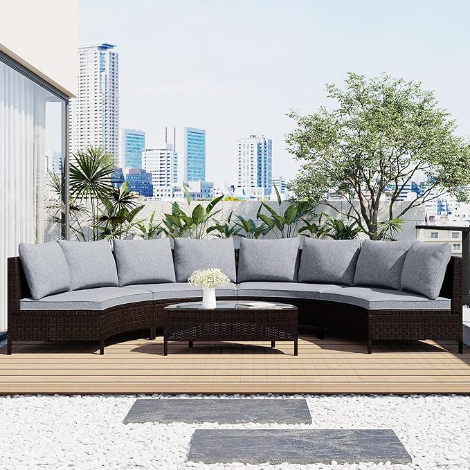 5-Piece Half Moon Outdoor Sectional Sofa Set, Patio All-Weather PE Wicker Furniture with Pillows, Cushions and Half-Moon Tempered Glass Table
