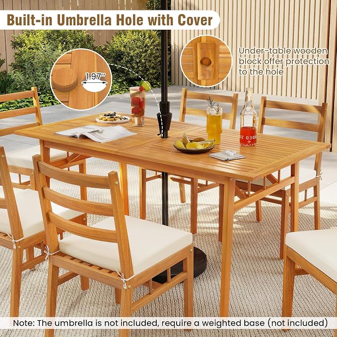 HAPPYGRILL Acacia Wood Outdoor Dining Table with Umbrella Hole & Cover, for 4-6 People, 63” Large Farmhouse Dinette Furniture for Backyard Patio Deck Porch