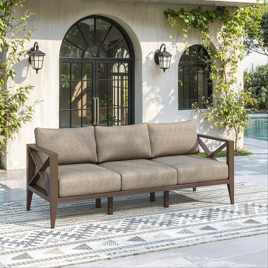 Aluminum Outdoor Patio Furniture Set, 3 Seats Outdoor Sectional with 5.2" Thick Cushions, Patio Conversation Sets for Backyard,(Brown,3 Seats)