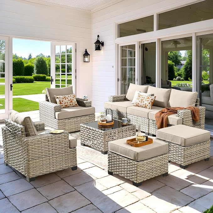 8 Pcs Outdoor Sectional Patio Furniture Set with Ottomans - All Weather Wicker Modular Outside Sectional Couch,Patio Seating Outdoor Conversation Sets for Deck Yard Garden,Beige