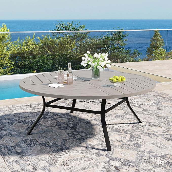 DIFY 63" Round Outdoor Patio Dining Table for 8-10, All-Weather Metal Steel Slatted Patio Table with 1.57" Adjustable Umbrella Hole for Garden, Backyard, Deck, Grey Wood-Like