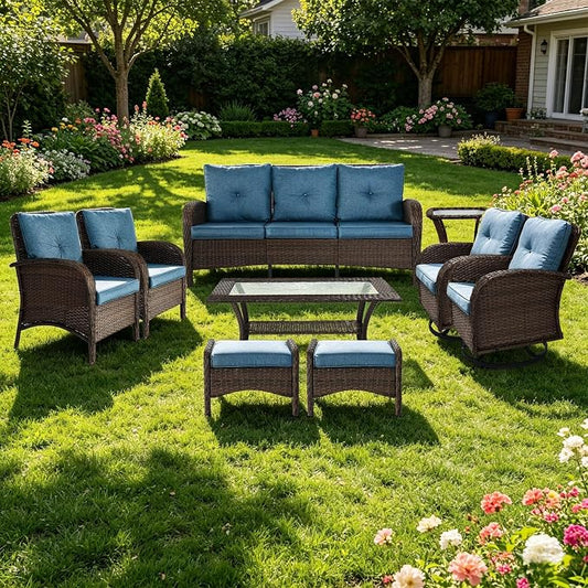 Outdoor Swivel Rocker Patio Chairs (Brown Wicker/Blue Cushion, 9PC/Sofa & Swivel & Chair &2 Table& Ottomans)