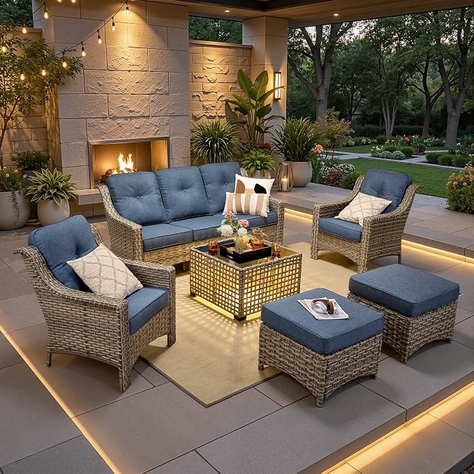6 PCS Patio Furniture Set, Deep Seat High Back Outdoor Conversation Set with Ottomans, Wicker Outside Furniture with Solar Light Coffee Table for Porch Backyard Balcony, Sunroom, Denim Blue