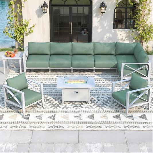 Aluminum Outdoor Patio Furniture Set with 43" Fire Pit Table, 10-Piece Outdoor Sectional with 5.2" Thick Cushions, Patio Conversation Sets for Backyard,(White,8 Seats)