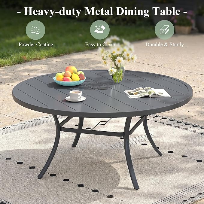 7 Pieces Patio Dining Set, 6 Outdoor Swivel Dining Chairs with 50" Round Metal Outdoor Dining Table with Umbrella Hole for Garden Backyard Deck, Grey & Dark Grey