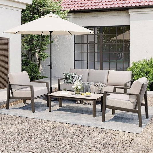 HAPPATIO Patio Conversation Set, 4-Piece Aluminum Oversized Patio Furniture Set with Rope Woven Backrest, 2 Chairs and 3-Seat Sofa with Thick Cushion, Hand-Brushed Frame for Yard, Porch, Balcony
