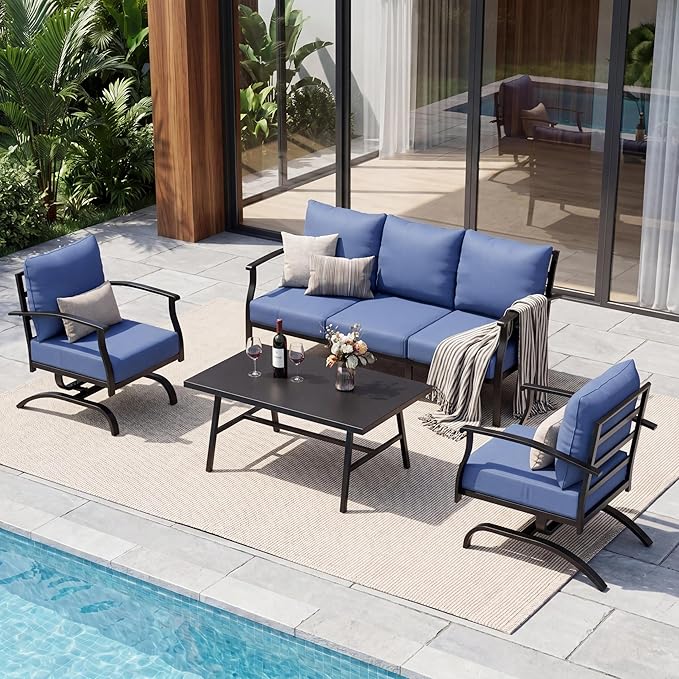 Metal Patio Furniture Set, 4 Piece Outdoor Furniture Set, All Weather Modern Outdoor Couch Sofa with Comfortable Cushions & Coffee Table, Metal Conversation Set for Balcony, Porch, Deck (Navy)