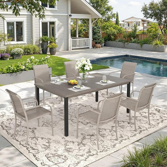 DIFY 7 Pieces Outdoor Patio Dining Set for 6, 63" Grey Wood-Like Rectangle Metal Dining Table and 6 Sandshell Stackable Sling Dining Chairs, Outdoor Table and Chairs for Lawn Garden Backyard Deck