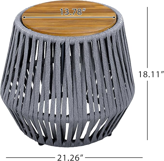 Christopher Knight Home Outdoor Side Table with Rope and Acacia Wood - Teak Finish, 100 LBS Capacity, Weather-Resistant Rope Design for Patio, Deck, Balcony - 21.26" W x 18.11" H, Grey