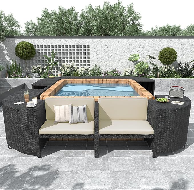 Merax Patio Furniture Set with Mini Sofa, Wooden Seats and Storage Spaces, Outdoor Conversation Sets for Patio, Lawn, Garden