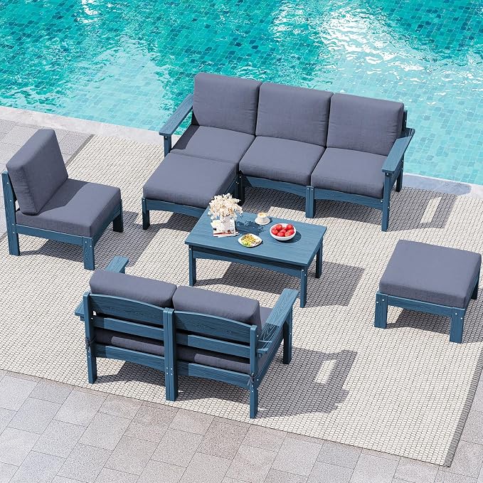 SERWALL 9 Pieces Patio Conversation Set, All-Weather HDPE Outdoor Sectional Sofas with Removable Cushions and Coffee Table, Extra-Large Modular Furniture Set for Backyard, Blue Frame with Grey Cushion