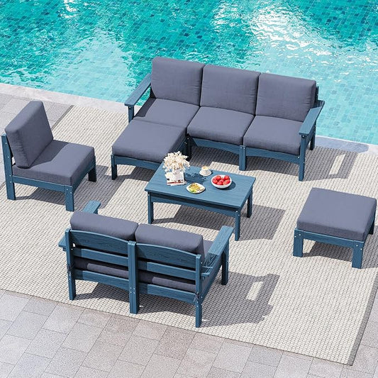 SERWALL 9 Pieces Patio Conversation Set, All-Weather HDPE Outdoor Sectional Sofas with Removable Cushions and Coffee Table, Extra-Large Modular Furniture Set for Backyard, Blue Frame with Grey Cushion