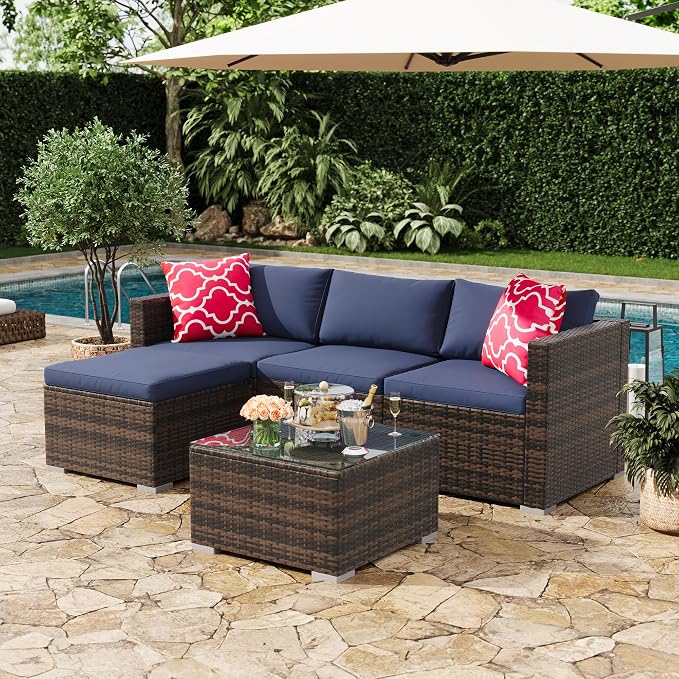 GAOMON 5-Piece All-Weather Patio Furniture Set, Convertible Outdoor Sectional Sofa with Ottoman & Tempered Glass Table, PE Rattan Conversation Set for Garden, Backyard, Porch, Poolside