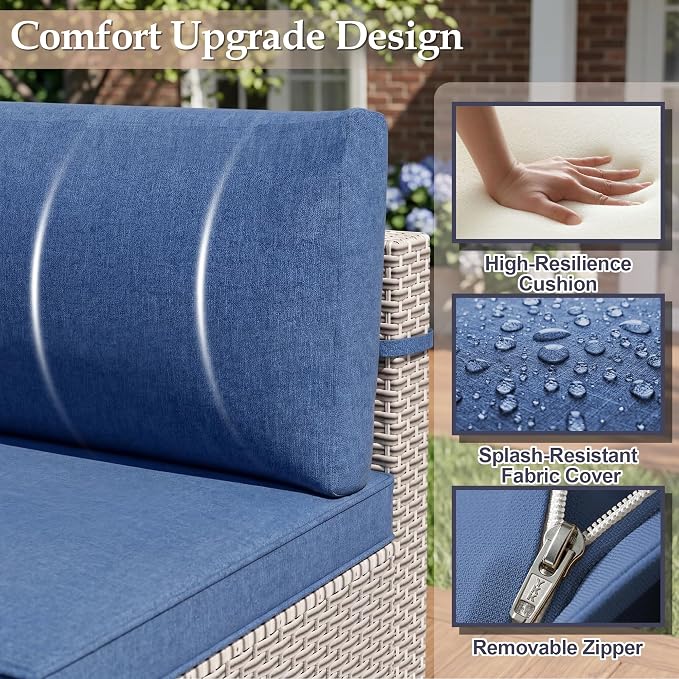 Patio Furniture Set, 7-Piece Outdoor Sectional Sofa with 2-Layer Glass Coffee Table, Wicker Patio Conversation Set with Blue Cushions for Backyard, Poolside, Porch