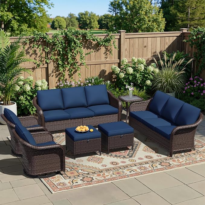 7 Piece Patio Wicker Conversation Set, 2 All-Weather Use Outdoor Wicker Sofa with 2 PE Rattan Ottomans,2 Swivel Chair, 1 Side Table, Ideal for Porch, Backyard, Balcony, Poolside, Blue