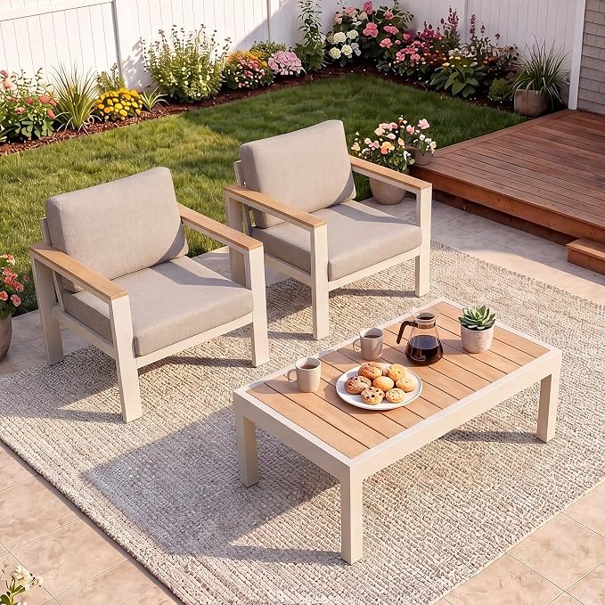 3-Piece Balcony Patio Furniture Set, Aluminum Outdoor Chair Set with 2 Single Patio Chairs & Coffee Table, 1.5mm Thick Rustproof Frame, Waterproof Removable Cushions for Small Balcony Front Porch