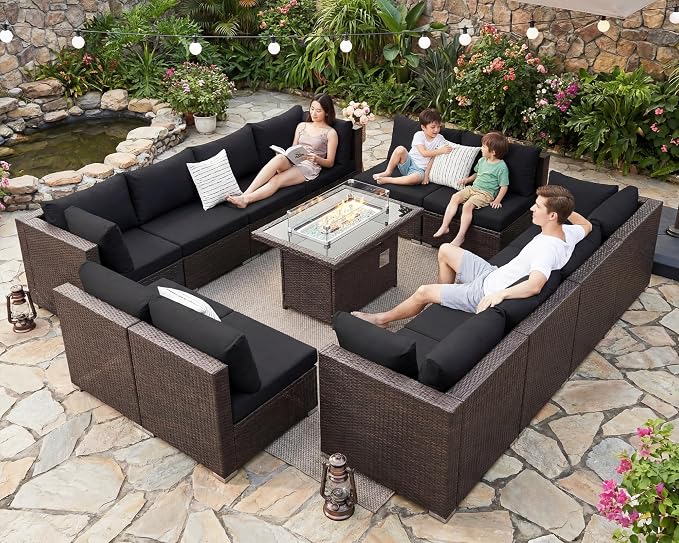 NICESOUL 13 Piece Patio Furniture w/Fireplace, Elegant Outdoor Seating w/Firepit, XL 29.3'' High Back Sectional Sofa, All-Weather Rattan Deck Couch, Modular Sturdy Conversation Set, Brown & Black