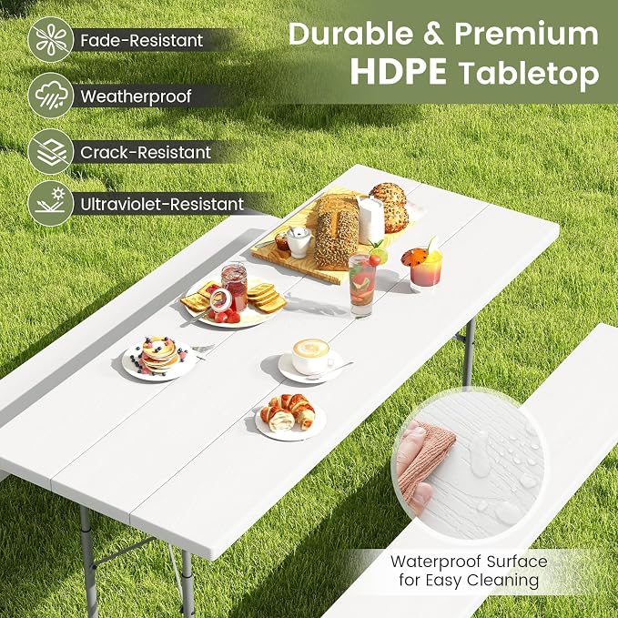 Giantex Folding Picnic Table - 6 FT Outdoor Table Bench Set for 8 Persons w/All-Weather HDPE Tabletop, Metal Leg, Umbrella Hole, Large Outside Dining Table for Patio Garden Yard Poolside (White)